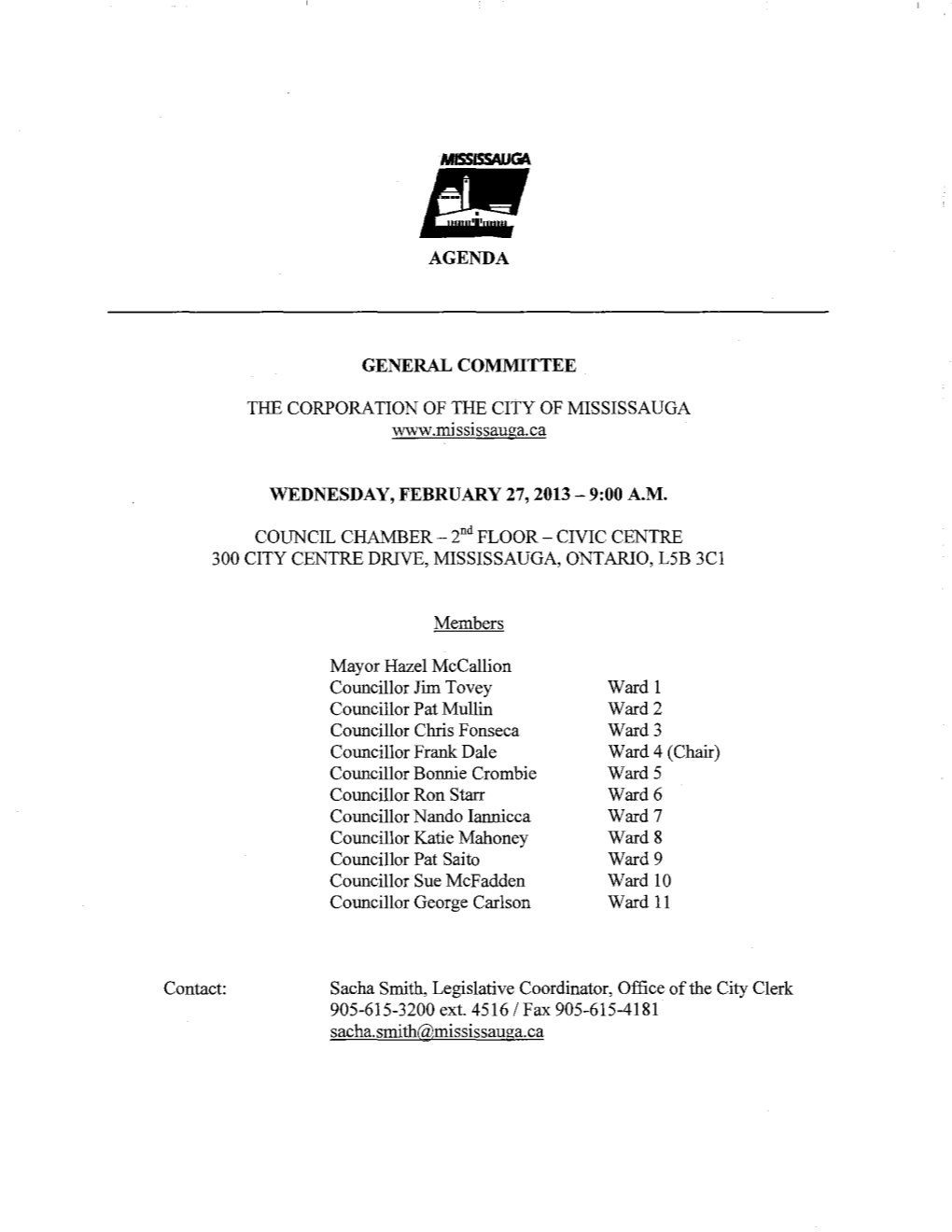 General Committee Agenda – February 27, 2013