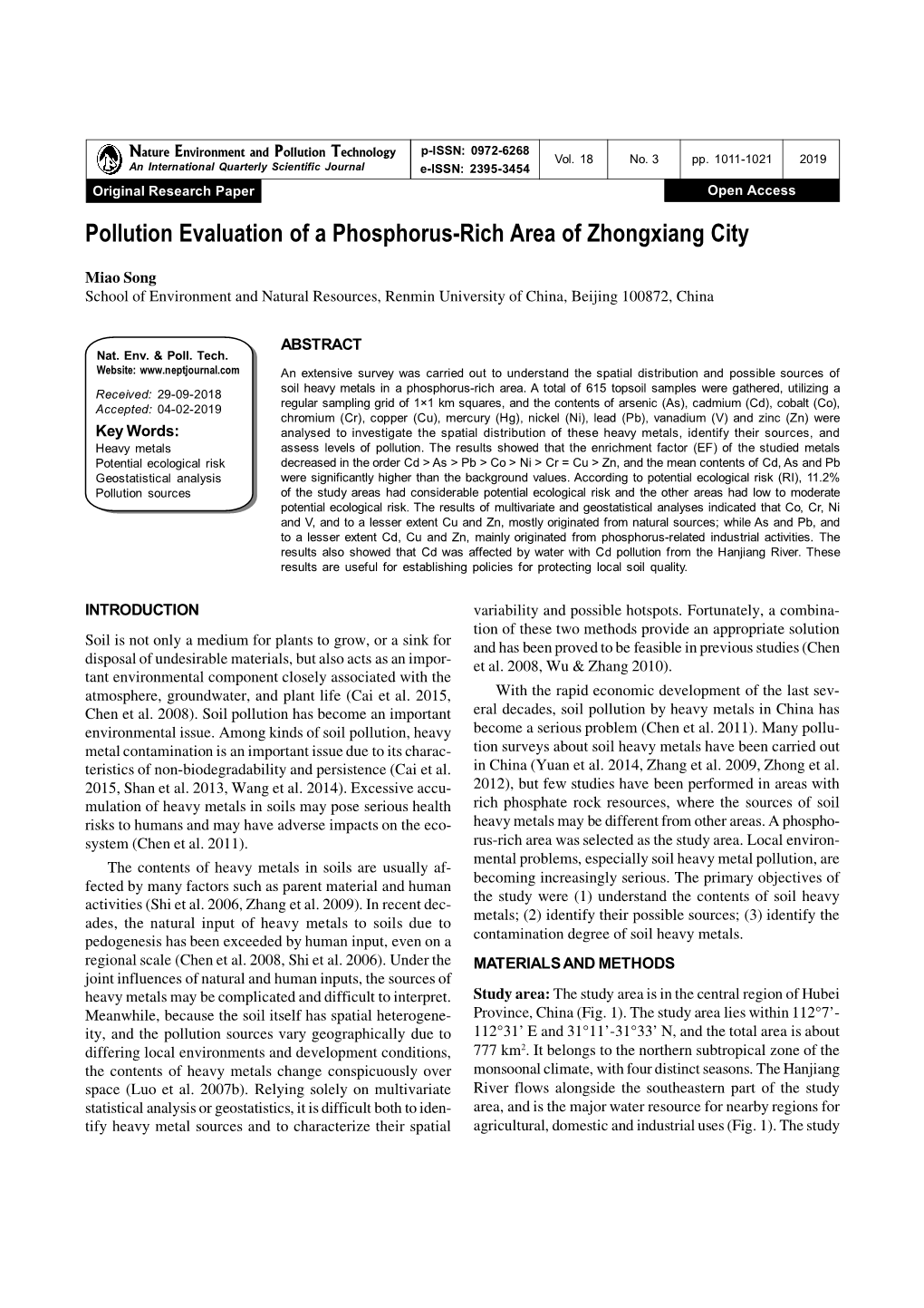 Pollution Evaluation of a Phosphorus-Rich Area of Zhongxiang City