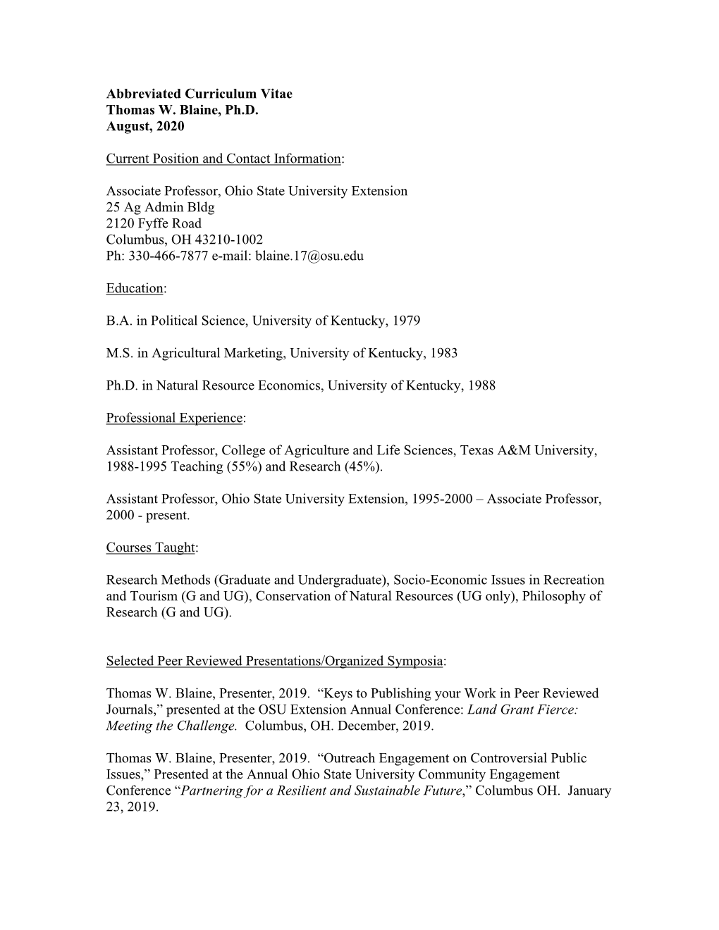 Abbreviated Curriculum Vitae Thomas W