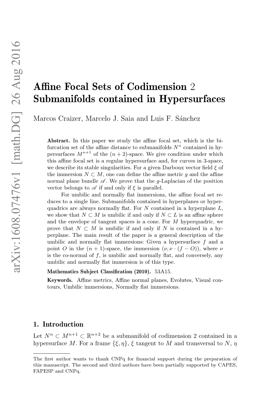 Affine Focal Sets of Codimension $2 $ Submanifolds Contained in Hyper
