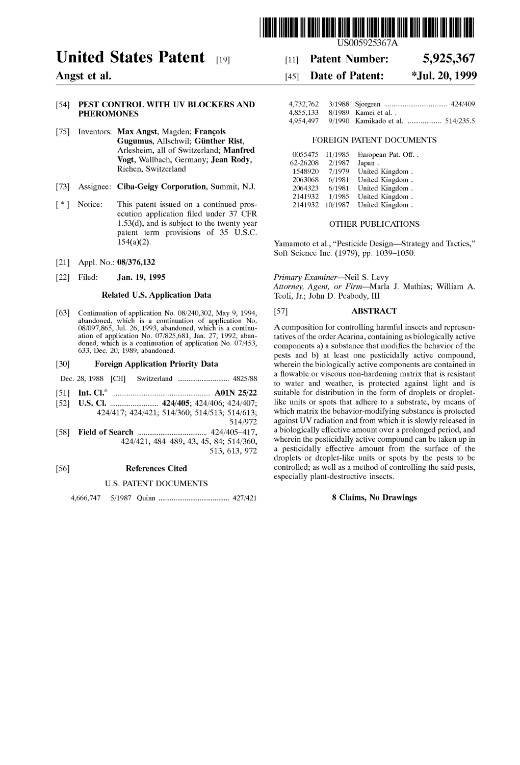 United States Patent (19) 11 Patent Number: 5,925,367 Angst Et Al