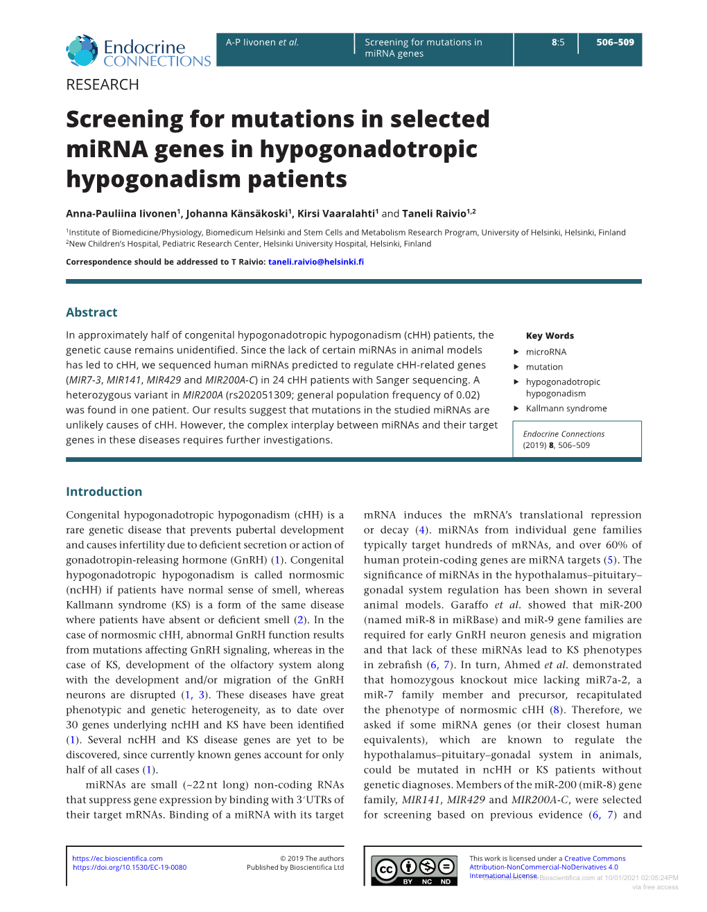 Screening for Mutations in Selected Mirna Genes in Hypogonadotropic Hypogonadism Patients
