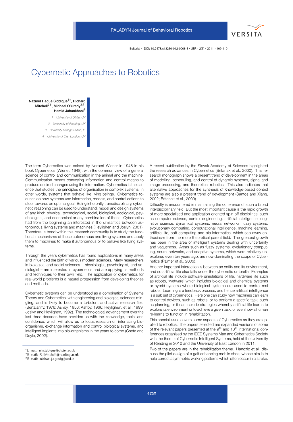 Cybernetic Approaches to Robotics