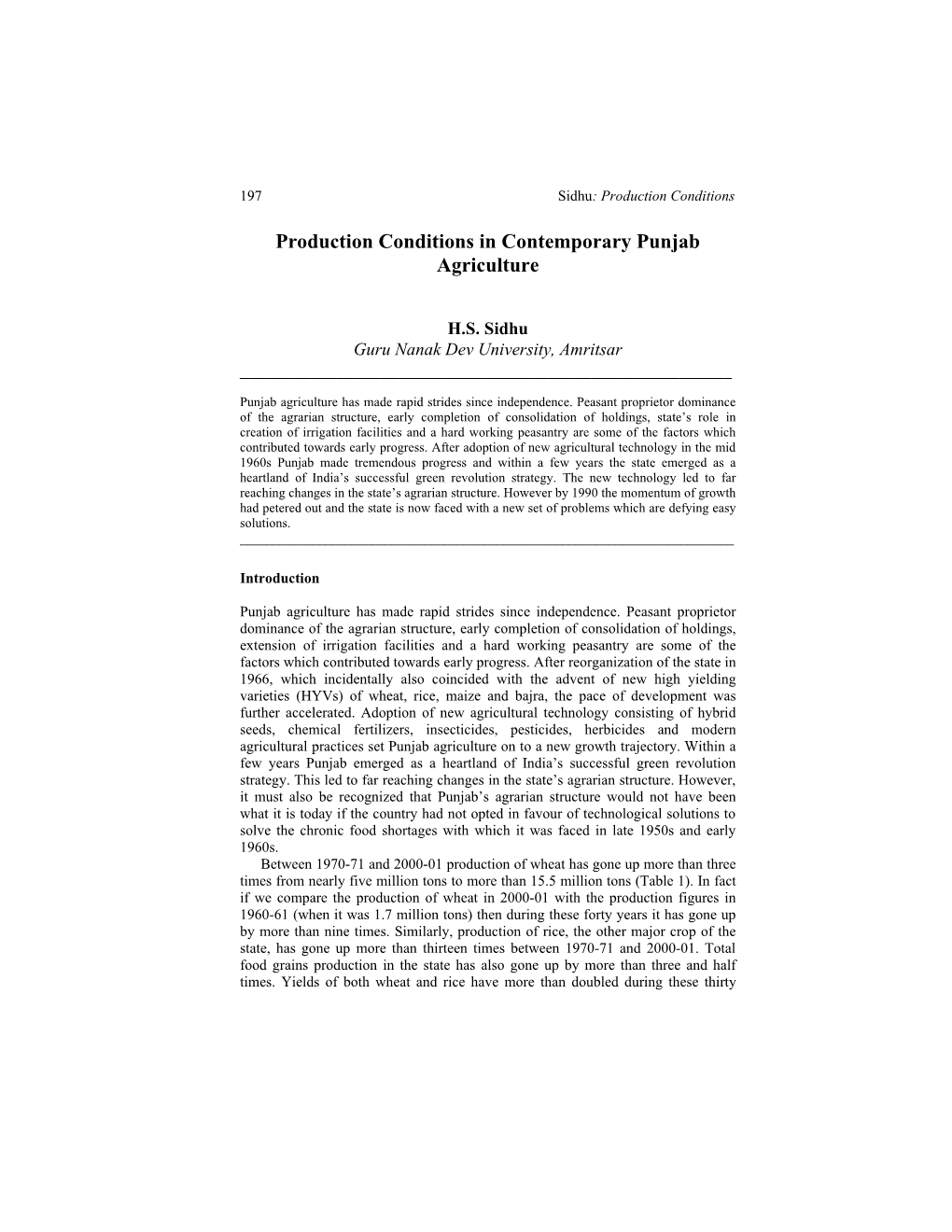 Production Conditions in Contemporary Punjab Agriculture