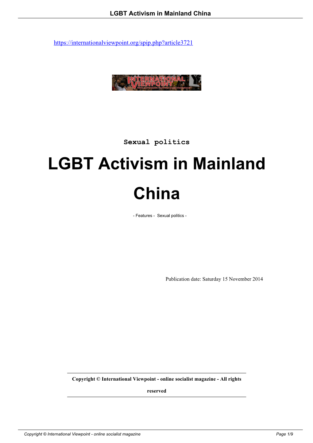 LGBT Activism in Mainland China