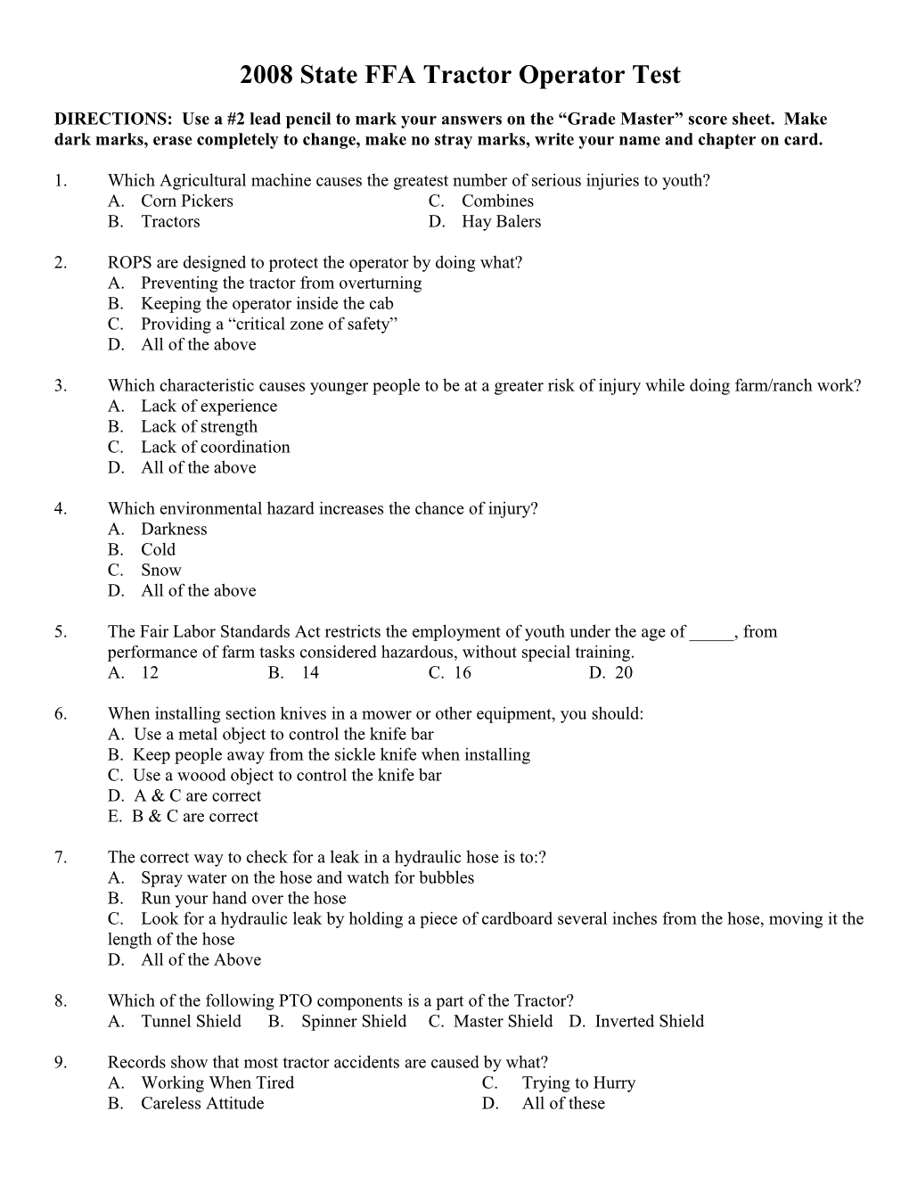 2000 State FFA Tractor Operator Test