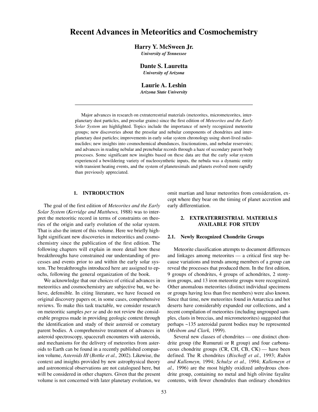 Recent Advances in Meteoritics and Cosmochemistry 53