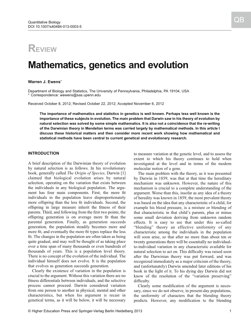 Mathematics, Genetics and Evolution