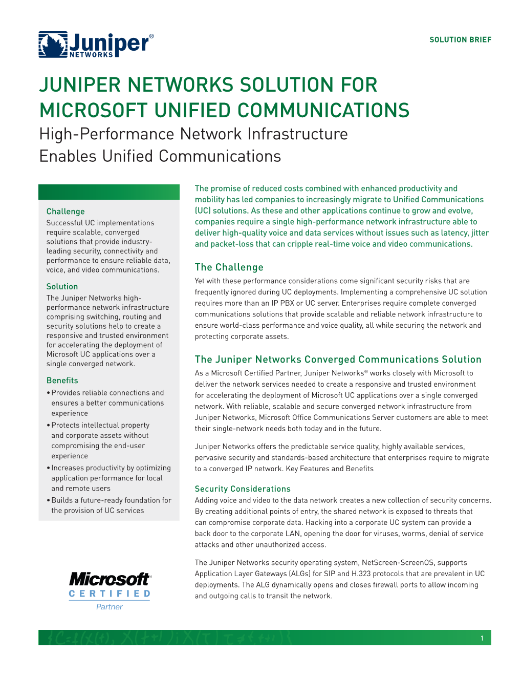 Juniper Networks Solution for Microsoft Unified Communications High-Performance Network Infrastructure Enables Unified Communications