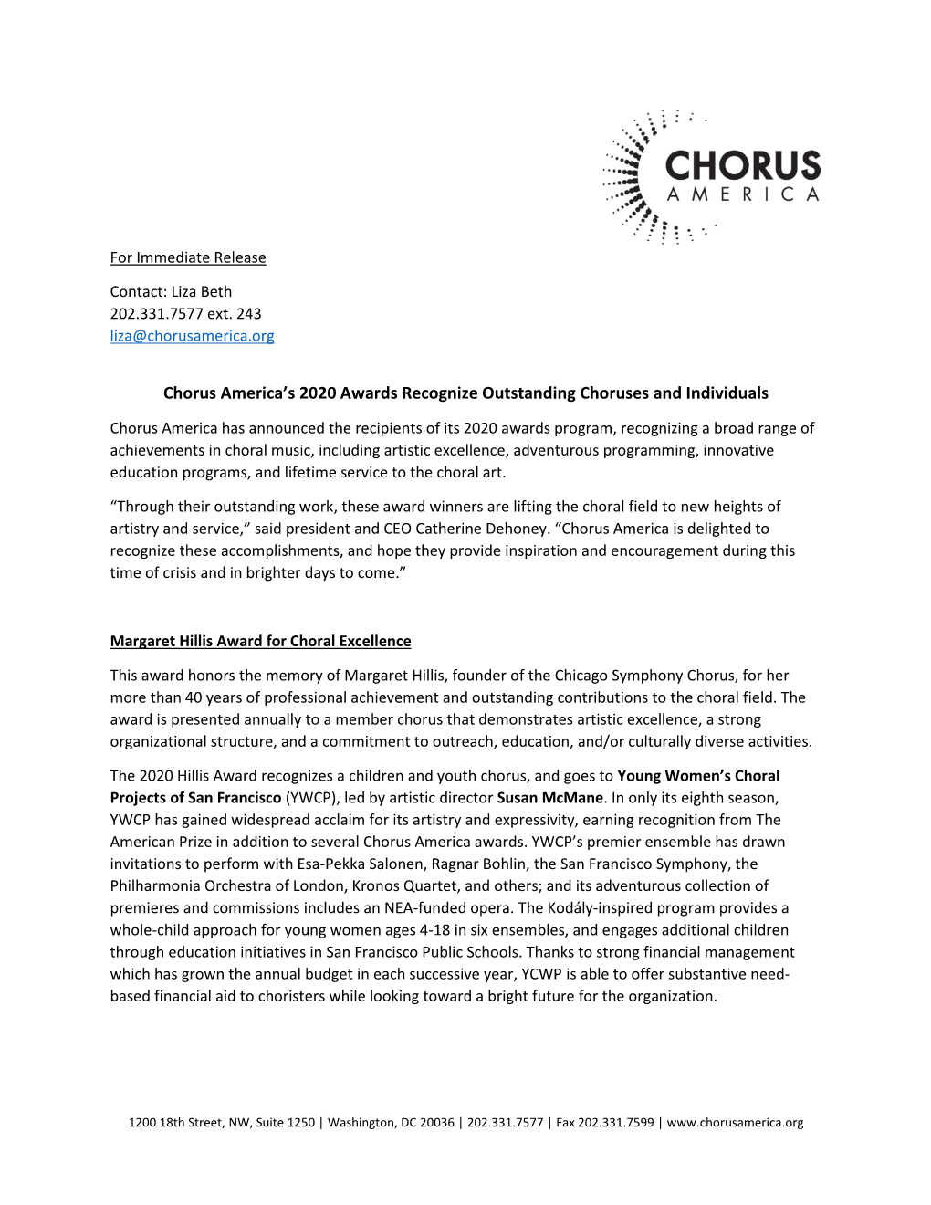 2020 Chorus America Awards Press Release