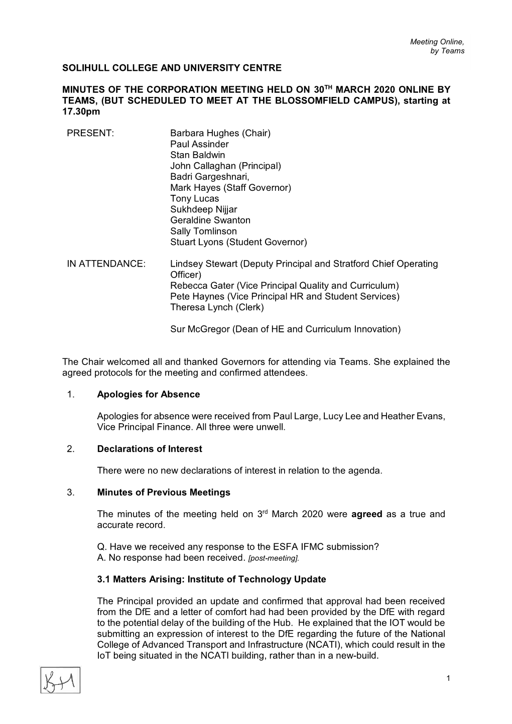 Corporation Meeting Minutes 30 March 2020