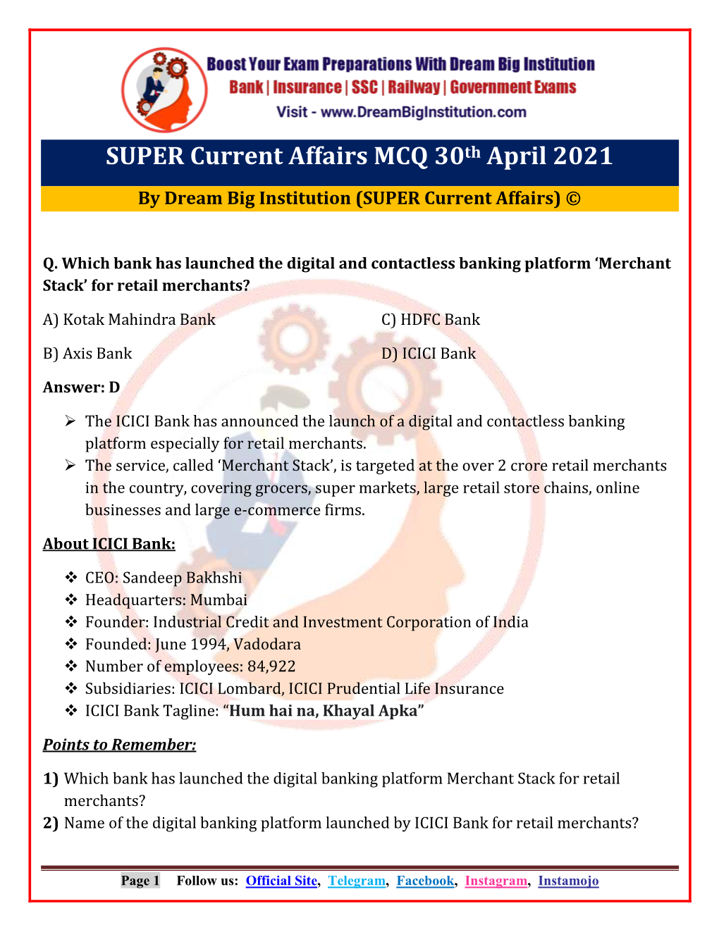 SUPER Current Affairs MCQ 30Th April 2021