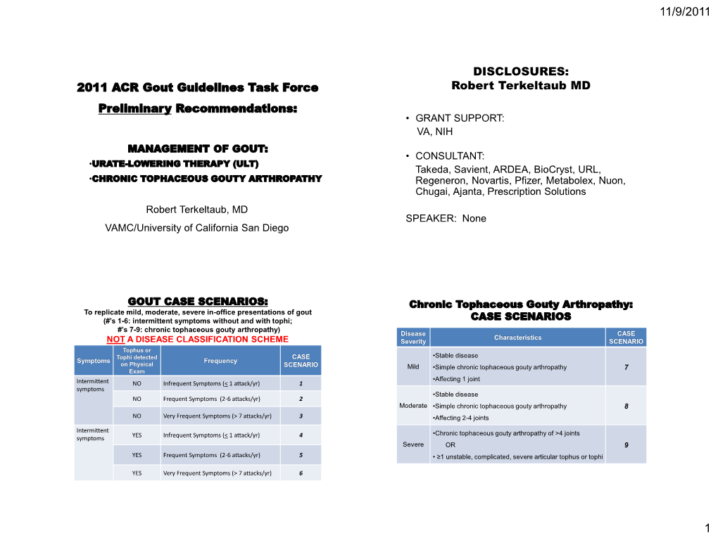 2011 ACR Gout Guidelines Task Force Summary Recommendations: MANAGEMENT of GOUT: URATE-LOWERING THERAPY (ULT) CHRONIC TOPHA