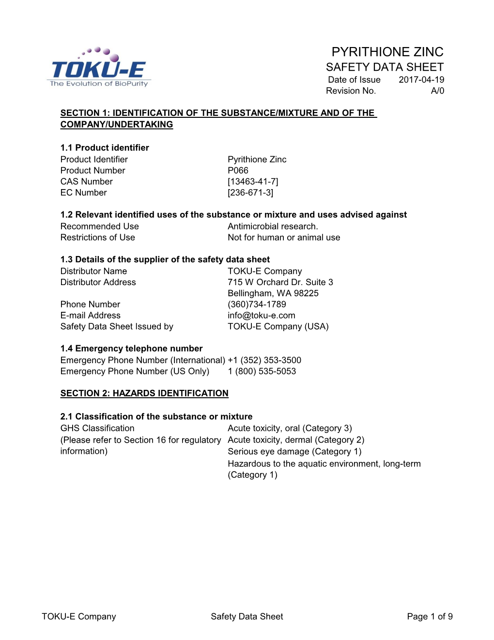 PYRITHIONE ZINC SAFETY DATA SHEET Date of Issue 2017-04-19 Revision No