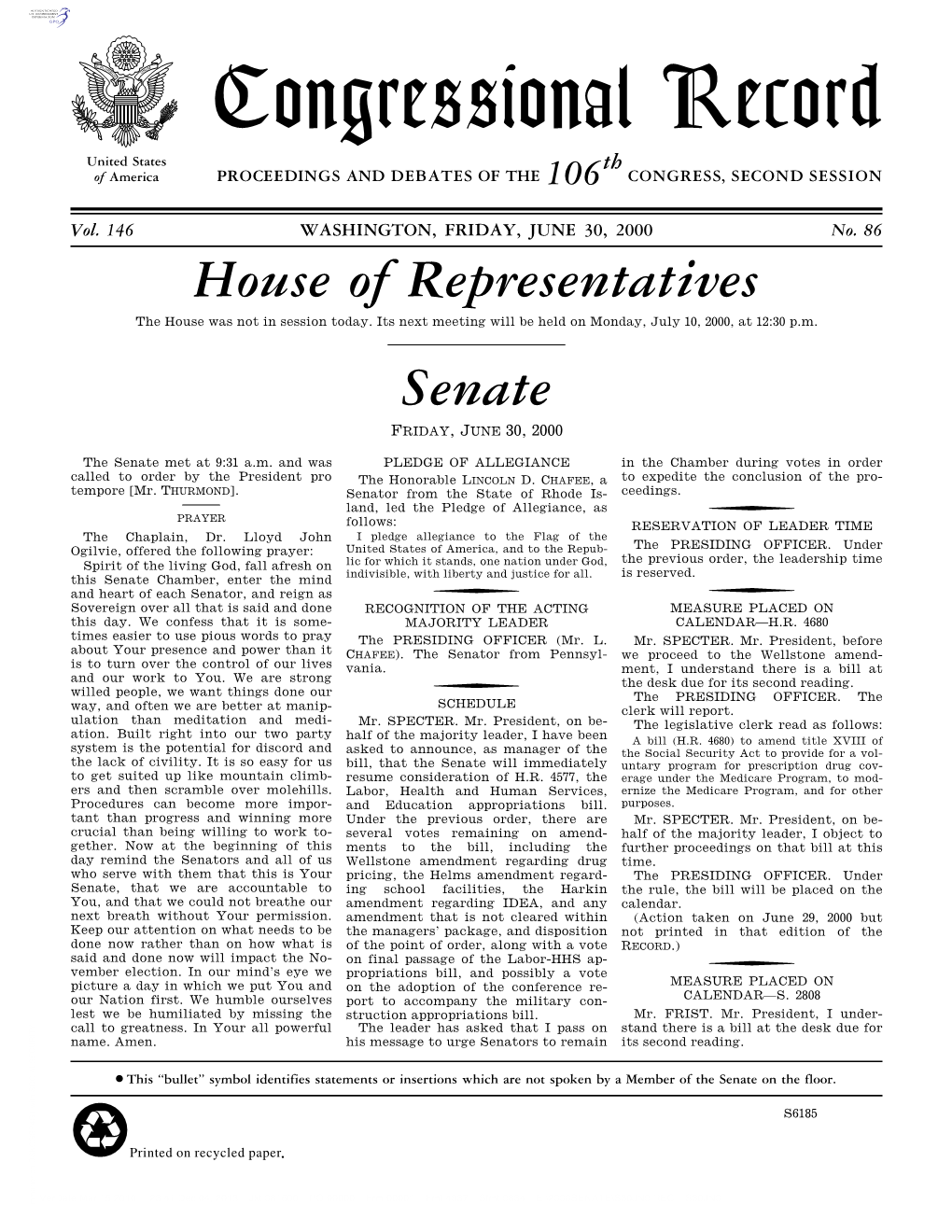 Congressional Record United States Th of America PROCEEDINGS and DEBATES of the 106 CONGRESS, SECOND SESSION