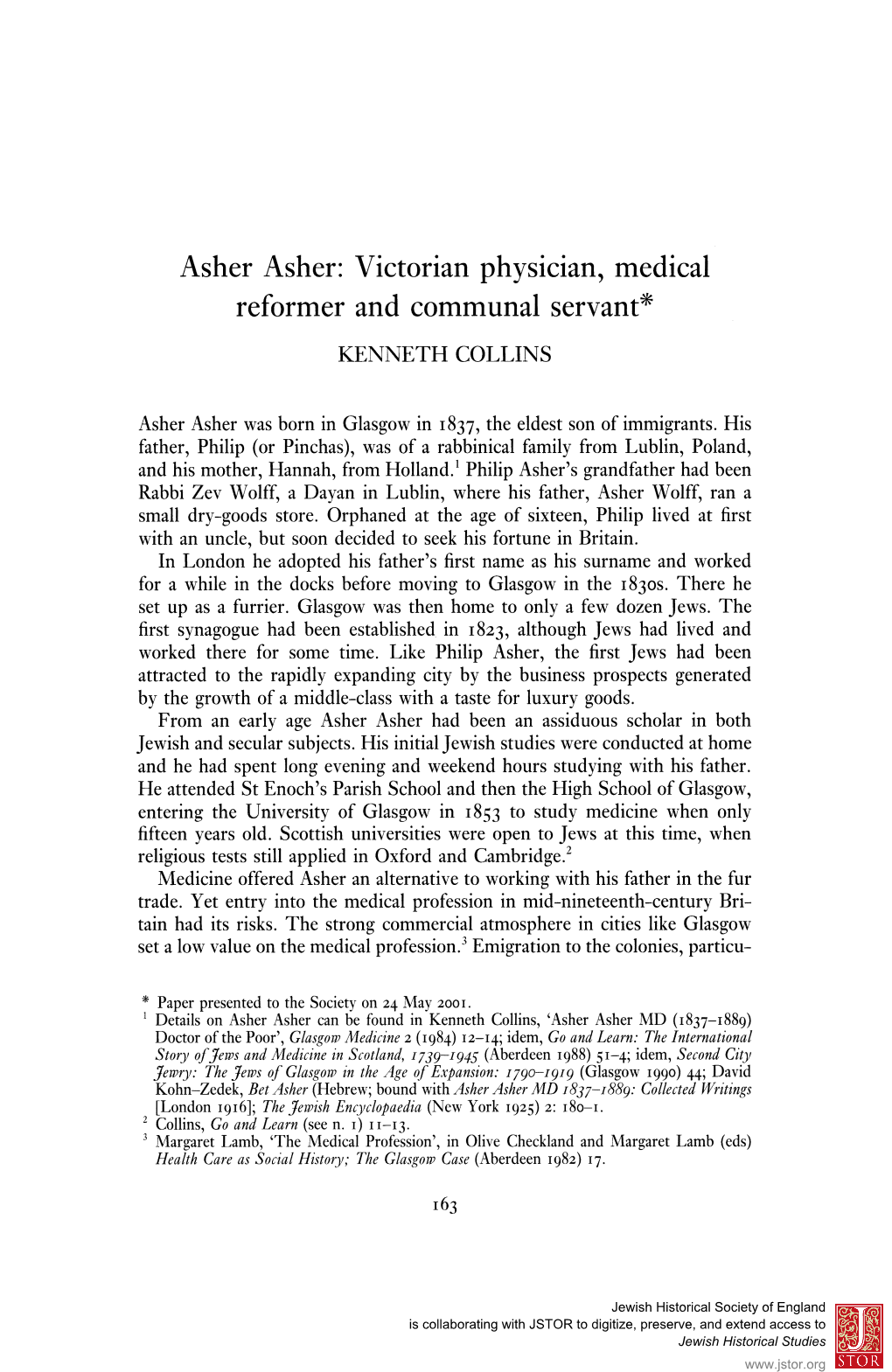 Asher Asher: Victorian Physician, Medical Reformer and Communal Servant* KENNETH COLLINS