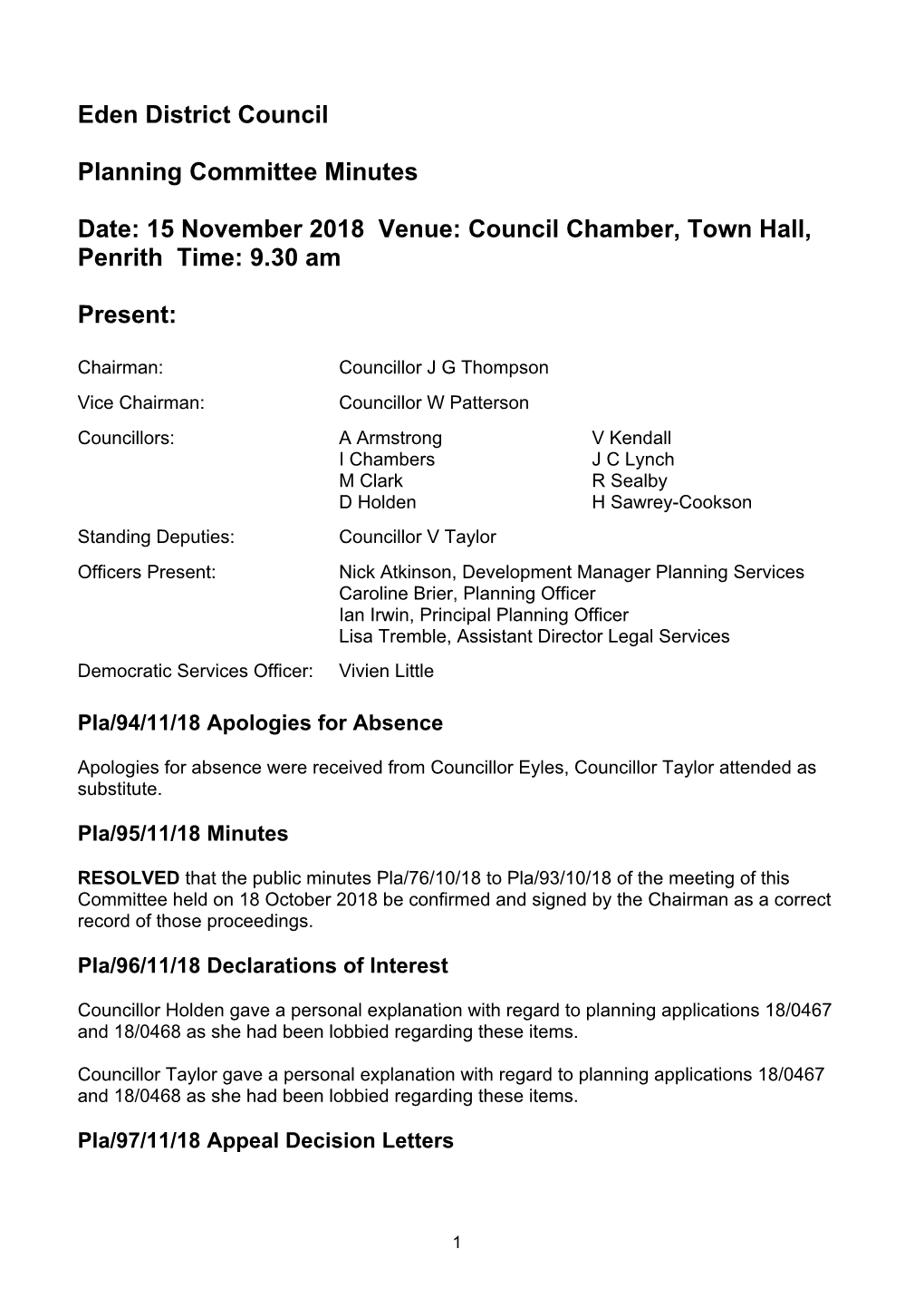 Minutes Document for Planning Committee, 15/11/2018 09:30