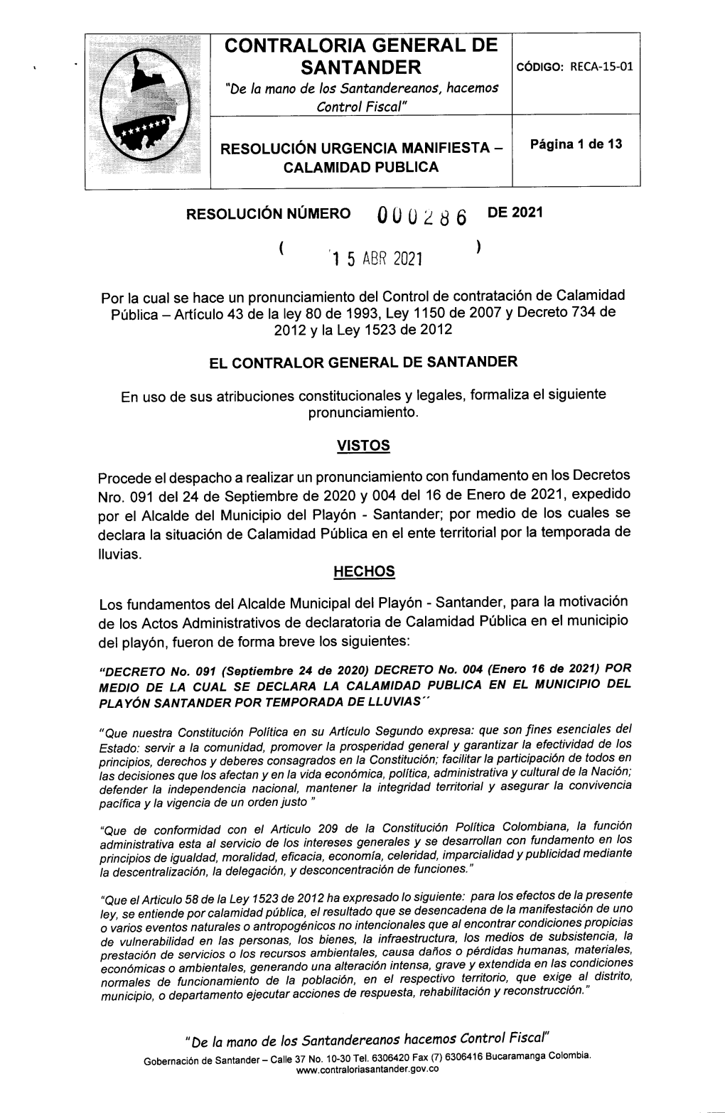 Resolucion Calamidad Publica Nro. 000286 Del 15 De Abril De 2021 Municipio Del Playon Con Recursos
