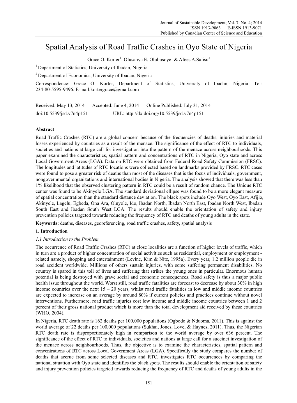 Spatial Analysis of Road Traffic Crashes in Oyo State of Nigeria