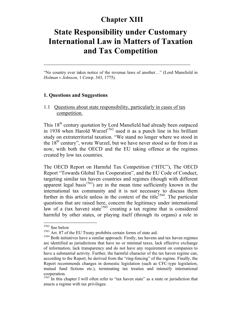 State Responsibility Under Customary International Law in Matters of Taxation and Tax Competition