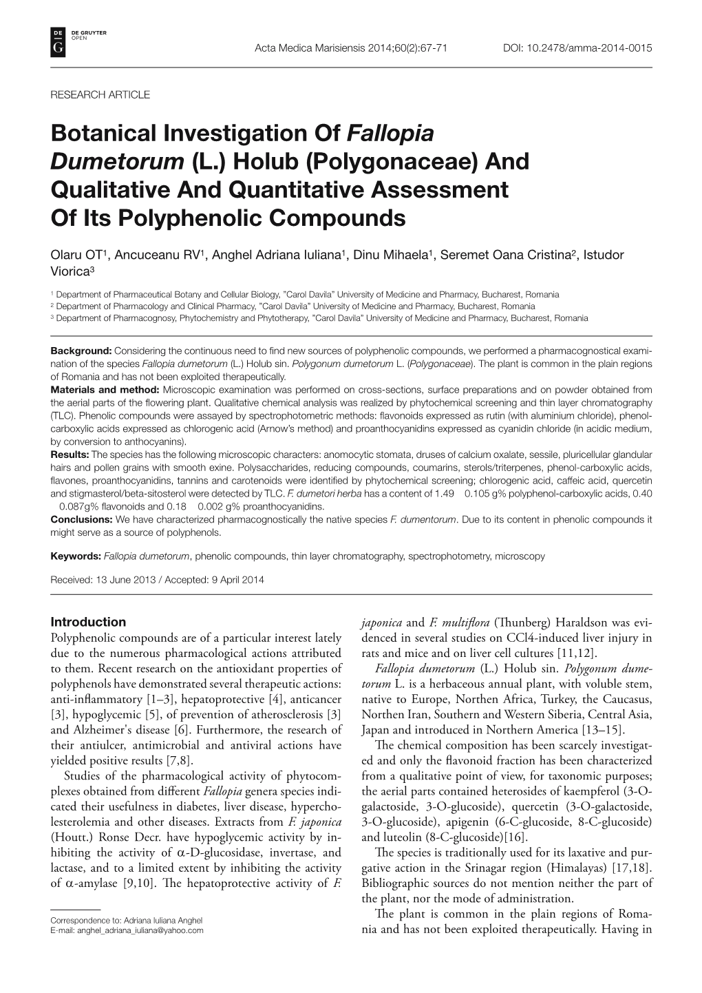 Polygonaceae) and Qualitative and Quantitative Assessment of Its Polyphenolic Compounds