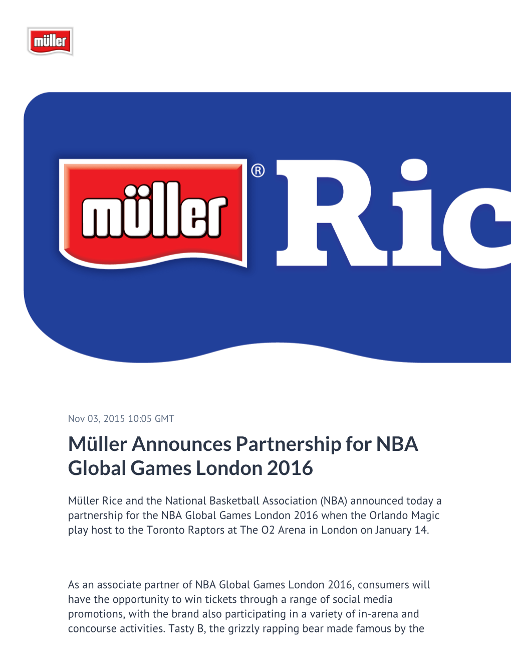 ​Müller Announces Partnership for NBA Global Games London 2016