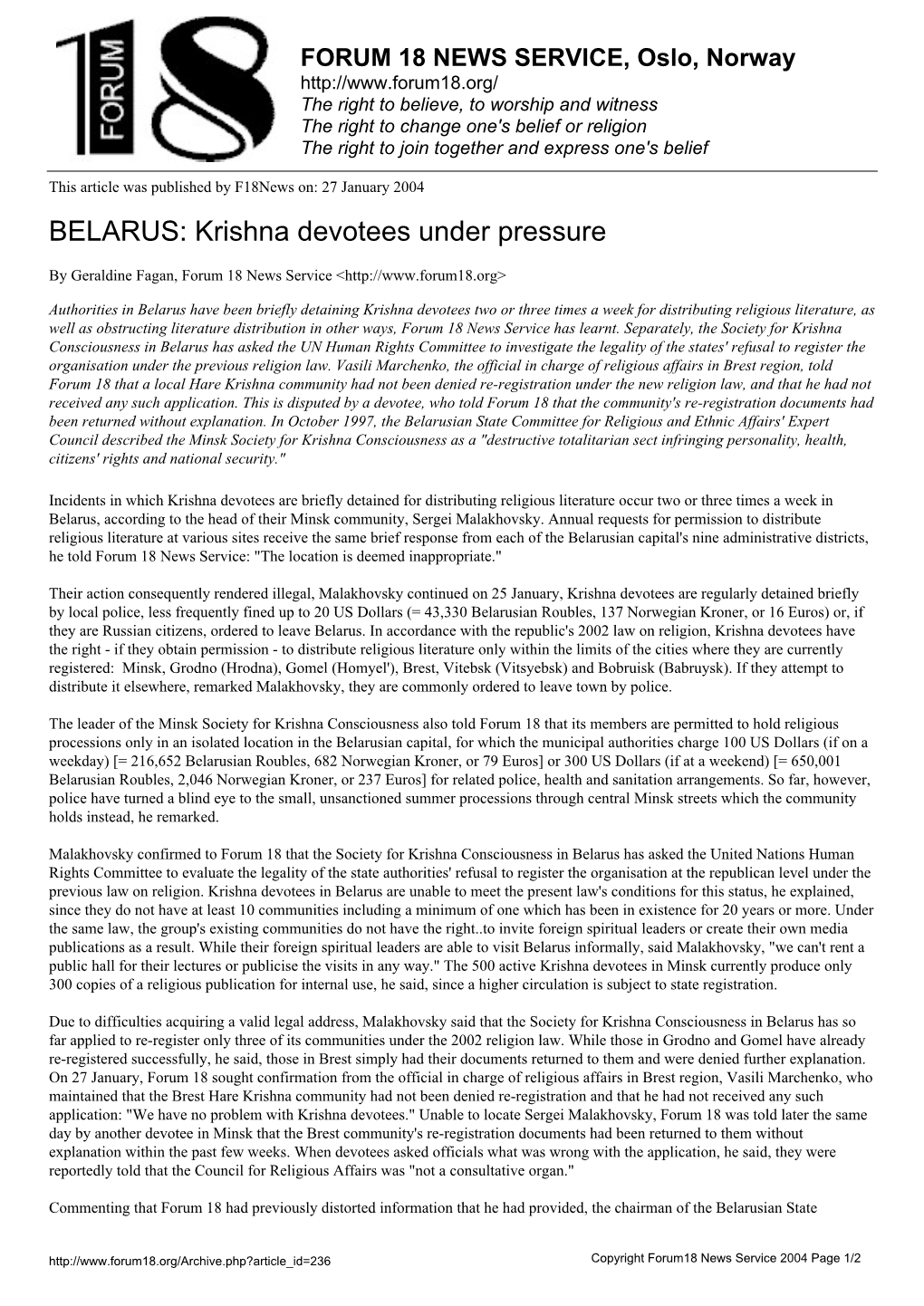 BELARUS: Krishna Devotees Under Pressure