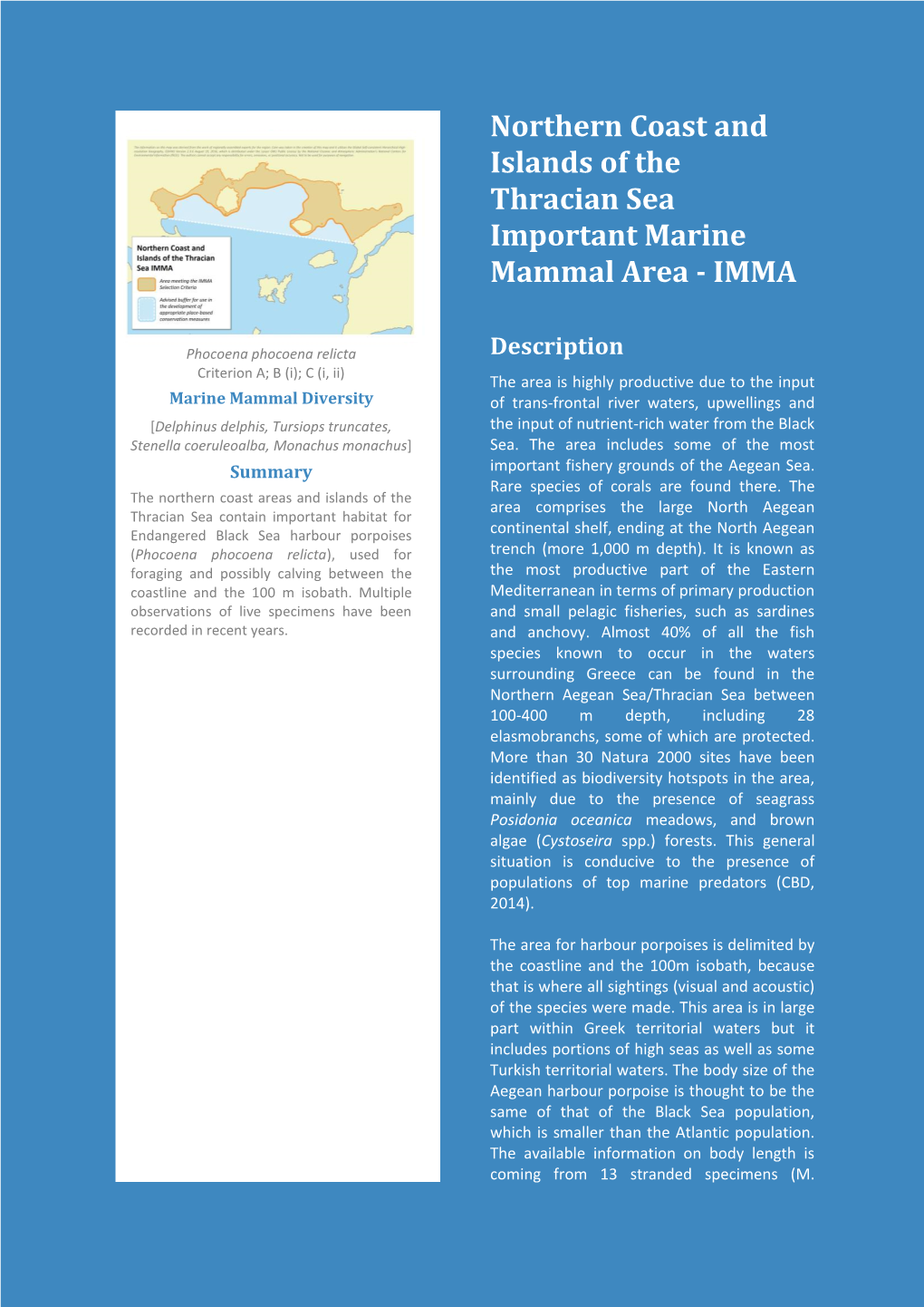 Northern Coast and Islands of the Thracian Sea IMMA Factsheet