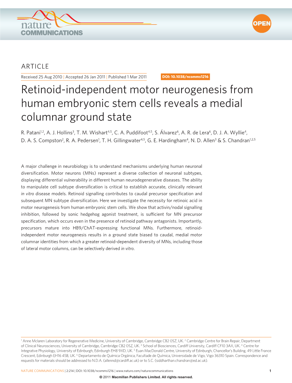 Retinoid-Independent Motor Neurogenesis from Human Embryonic Stem Cells Reveals a Medial Columnar Ground State