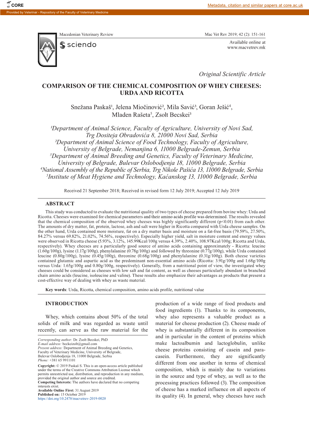 Original Scientific Article COMPARISON of the CHEMICAL COMPOSITION of WHEY CHEESES: URDA and RICOTTA