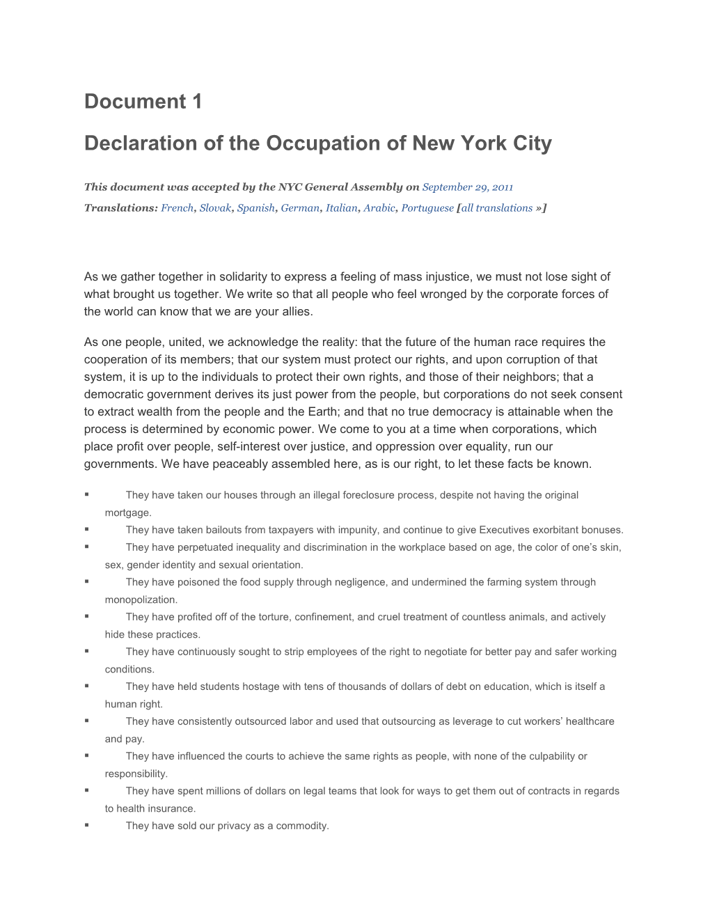 Declaration of the Occupation of New York City