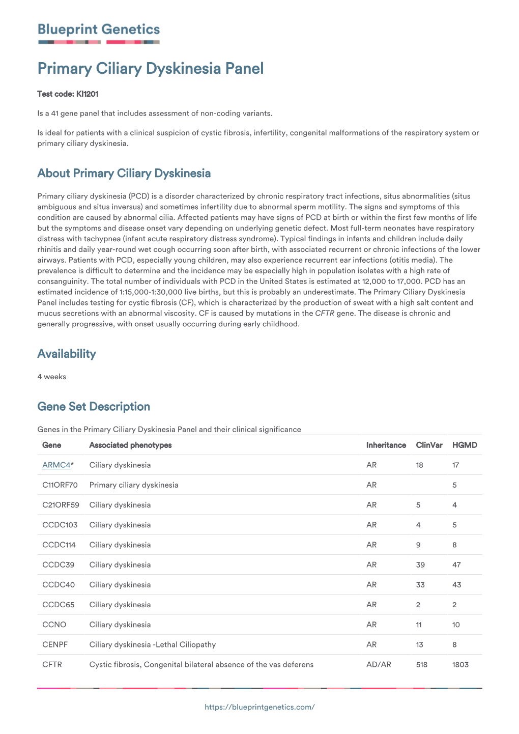 Blueprint Genetics Primary Ciliary Dyskinesia Panel