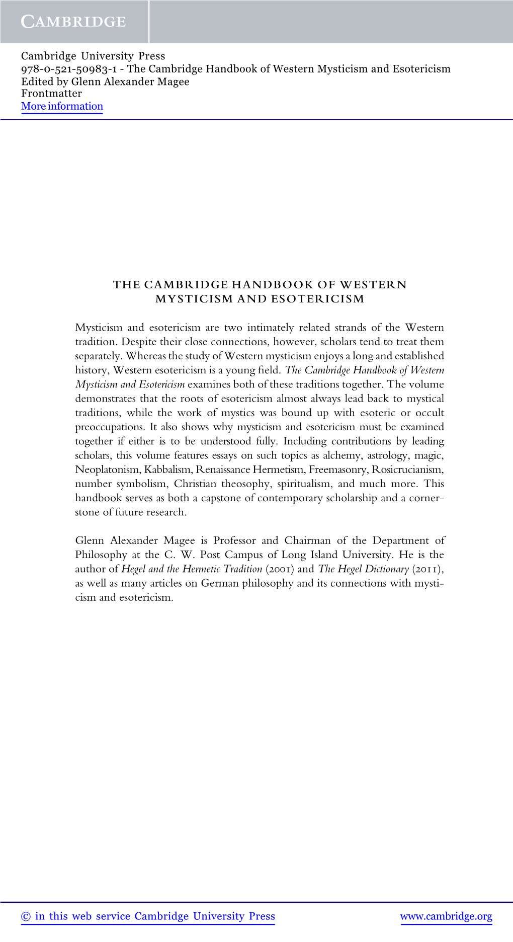 The Cambridge Handbook of Western Mysticism and Esotericism Edited by Glenn Alexander Magee Frontmatter More Information