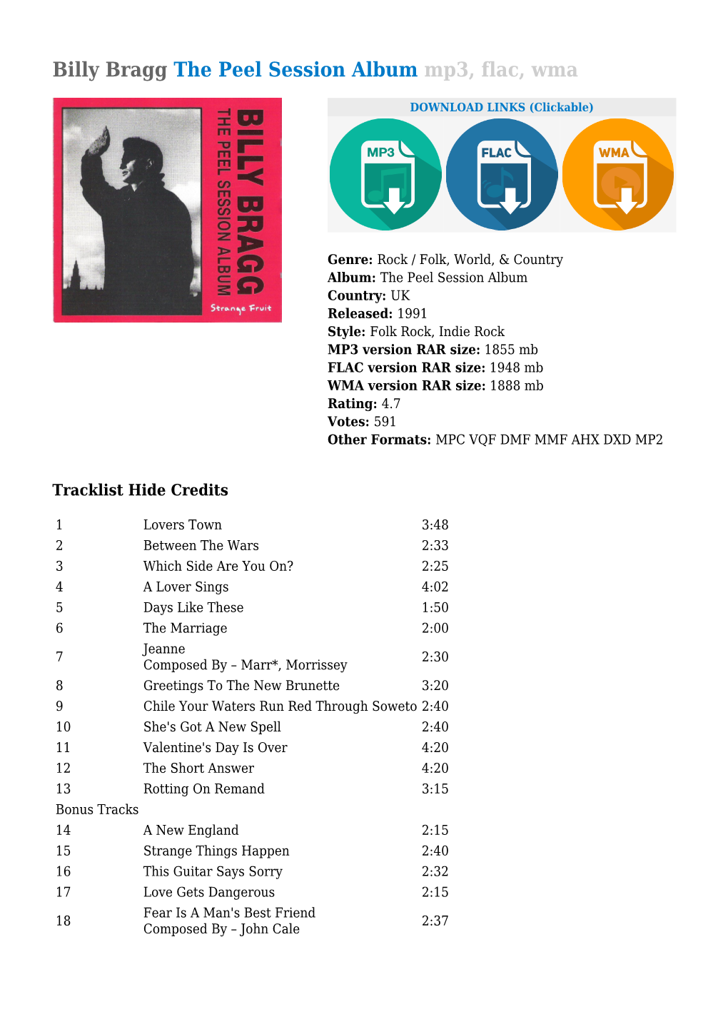 Billy Bragg the Peel Session Album Mp3, Flac, Wma