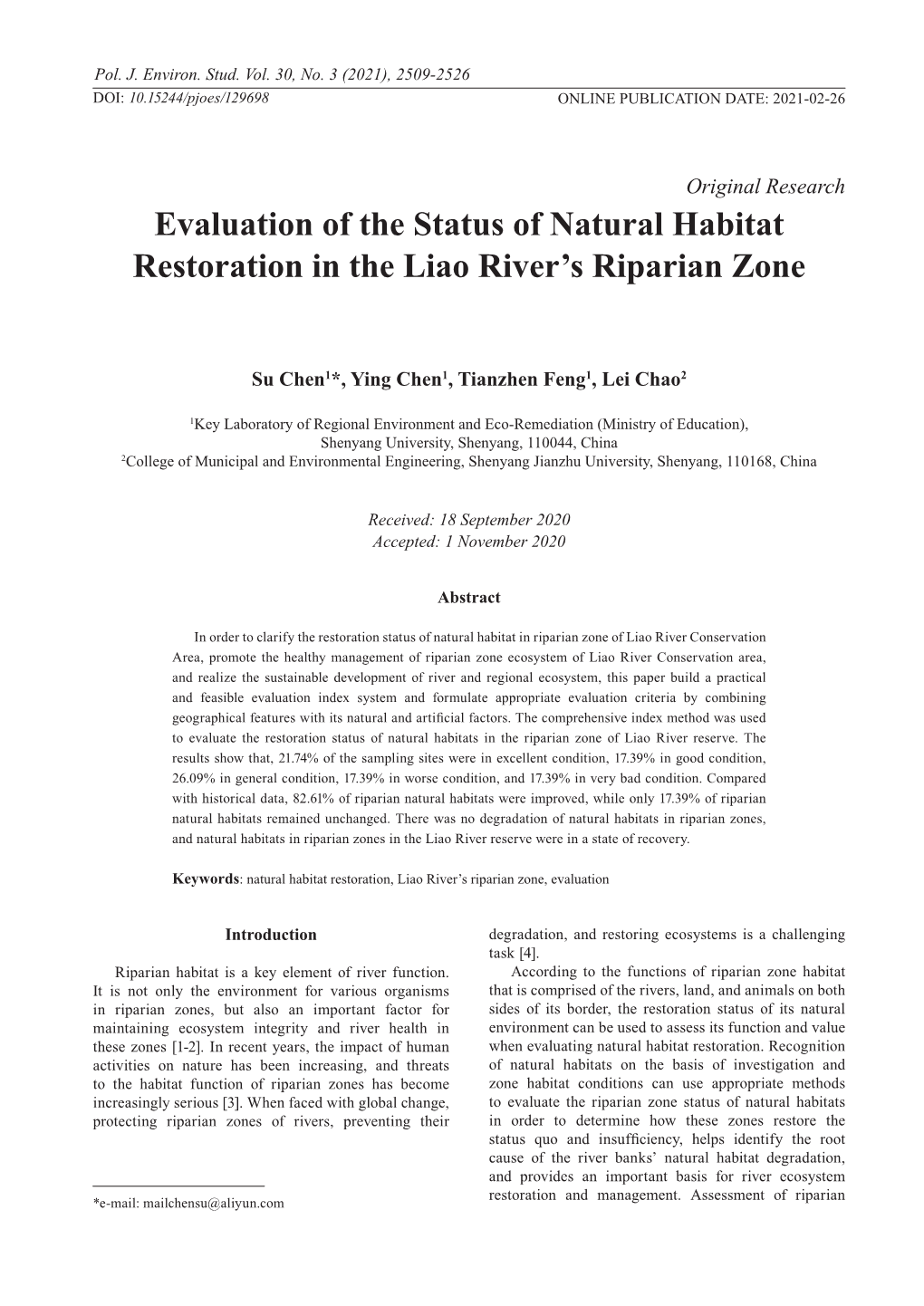 Evaluation of the Status of Natural Habitat Restoration in the Liao River’S Riparian Zone