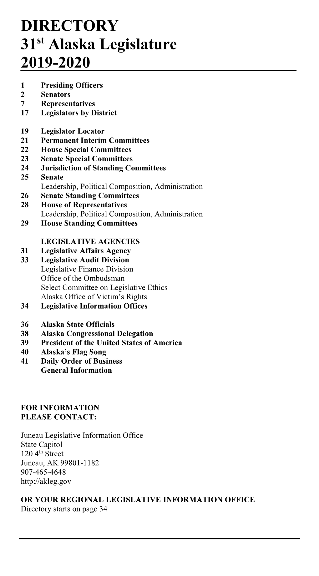 DIRECTORY 31St Alaska Legislature 2019-2020