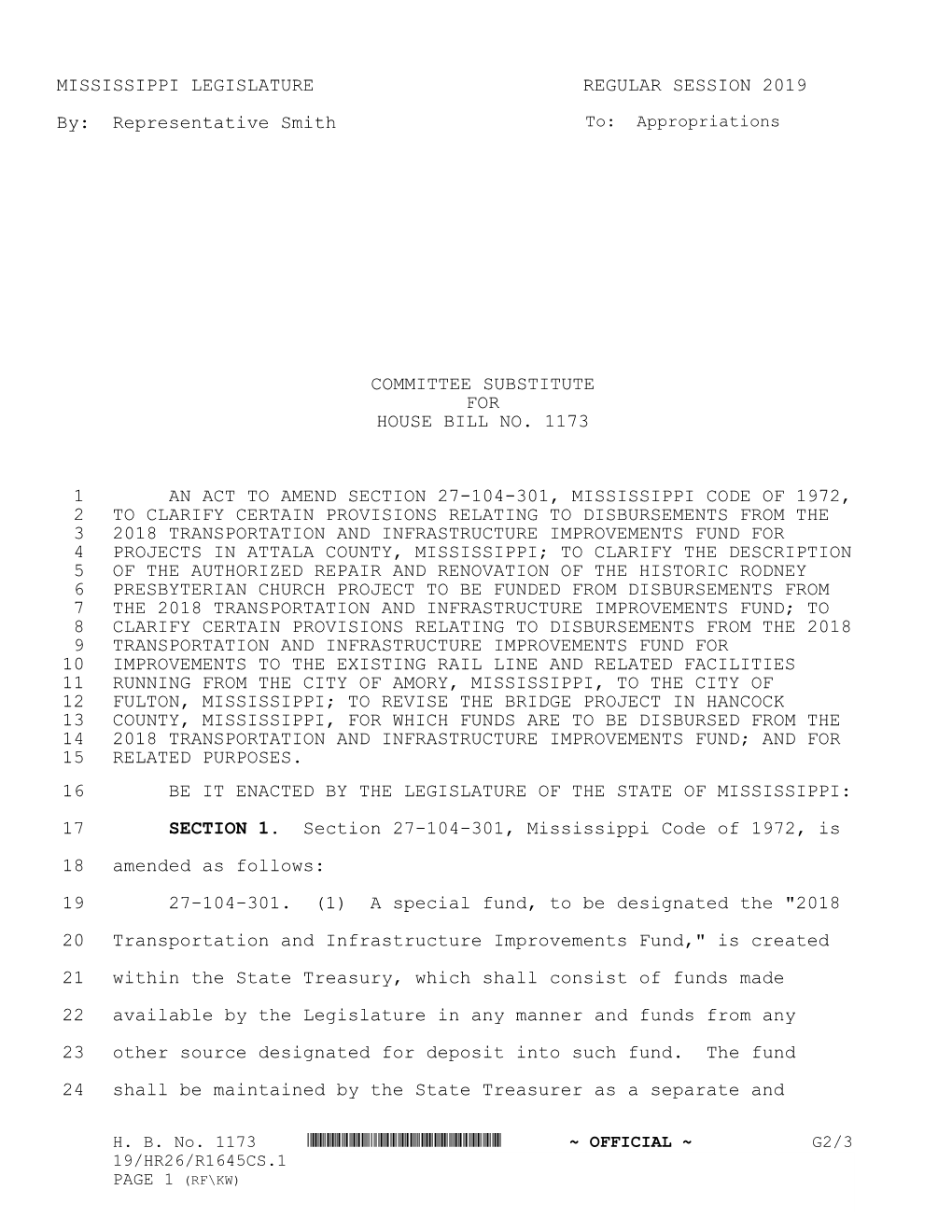 MISSISSIPPI LEGISLATURE REGULAR SESSION 2019 By