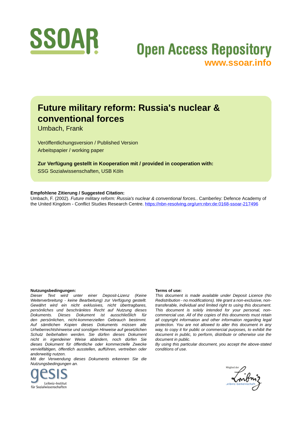 Future Military Reform: Russia's Nuclear & Conventional Forces