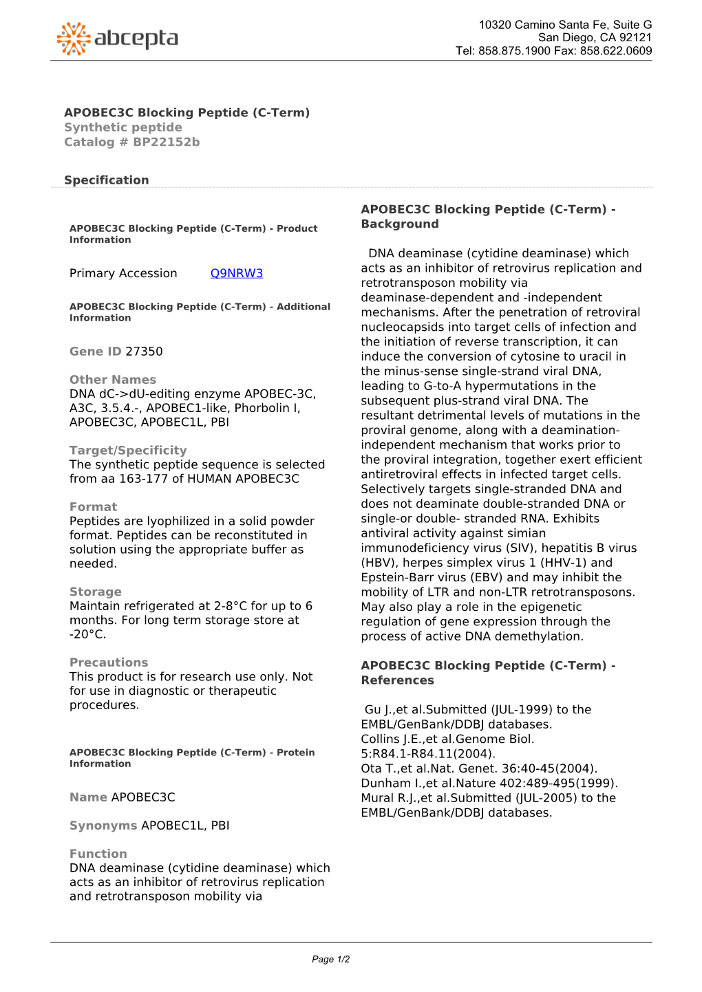 APOBEC3C Blocking Peptide (C-Term) Synthetic Peptide Catalog # Bp22152b