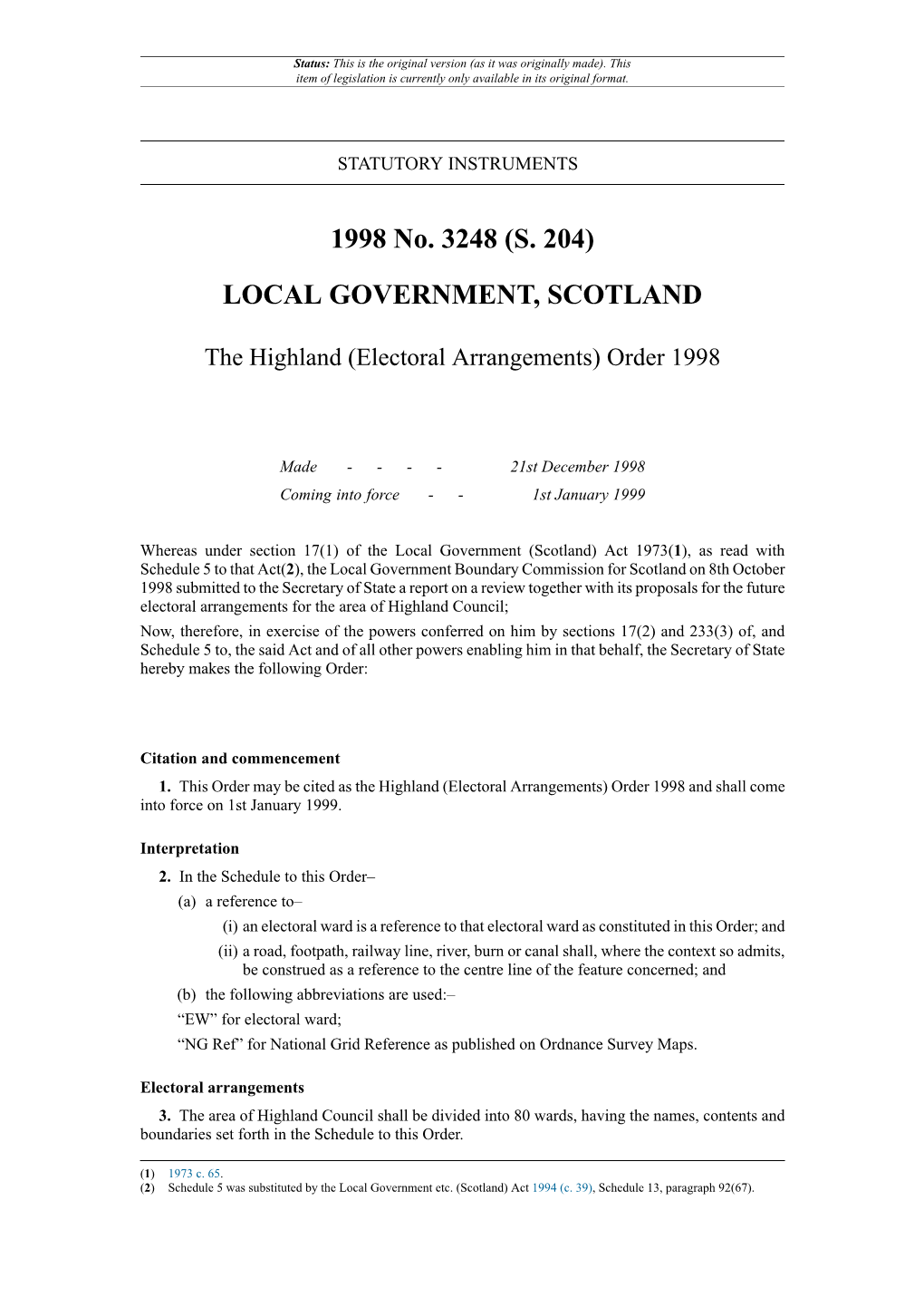 The Highland (Electoral Arrangements) Order 1998