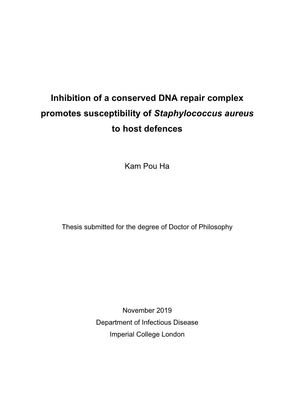 Inhibition of a Conserved DNA Repair Complex Promotes Susceptibility of Staphylococcus Aureus to Host Defences