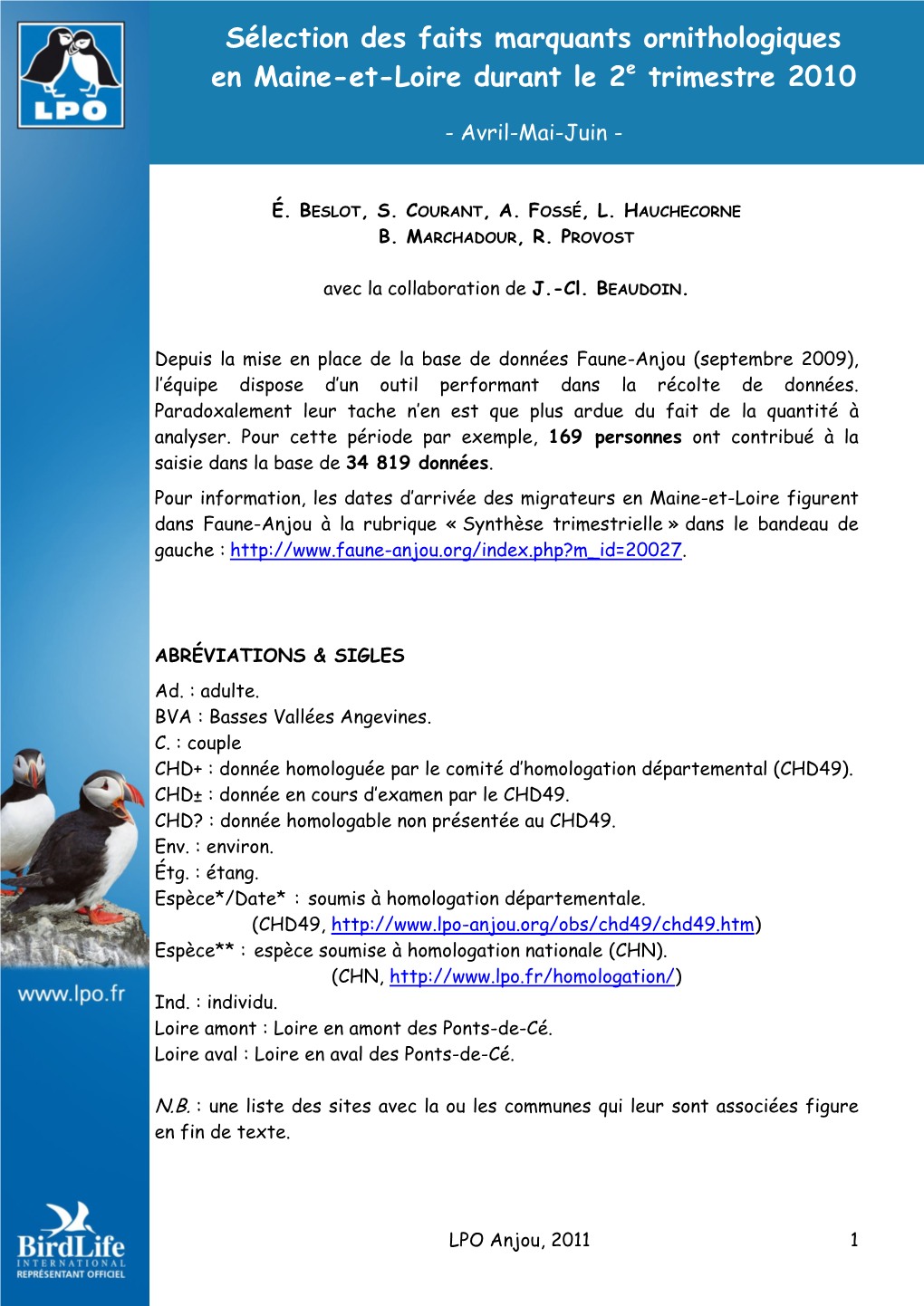 Sélection Des Faits Marquants Ornithologiques En Maine-Et-Loire