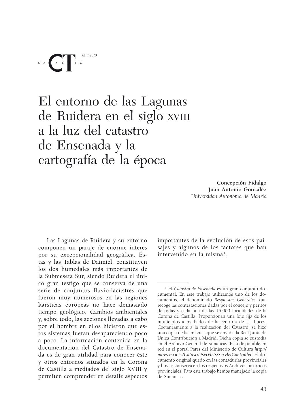 El Entorno De Las Lagunas De Ruidera En El Siglo XVIII a La Luz Del Catastro De Ensenada Y La Cartografía De La Época