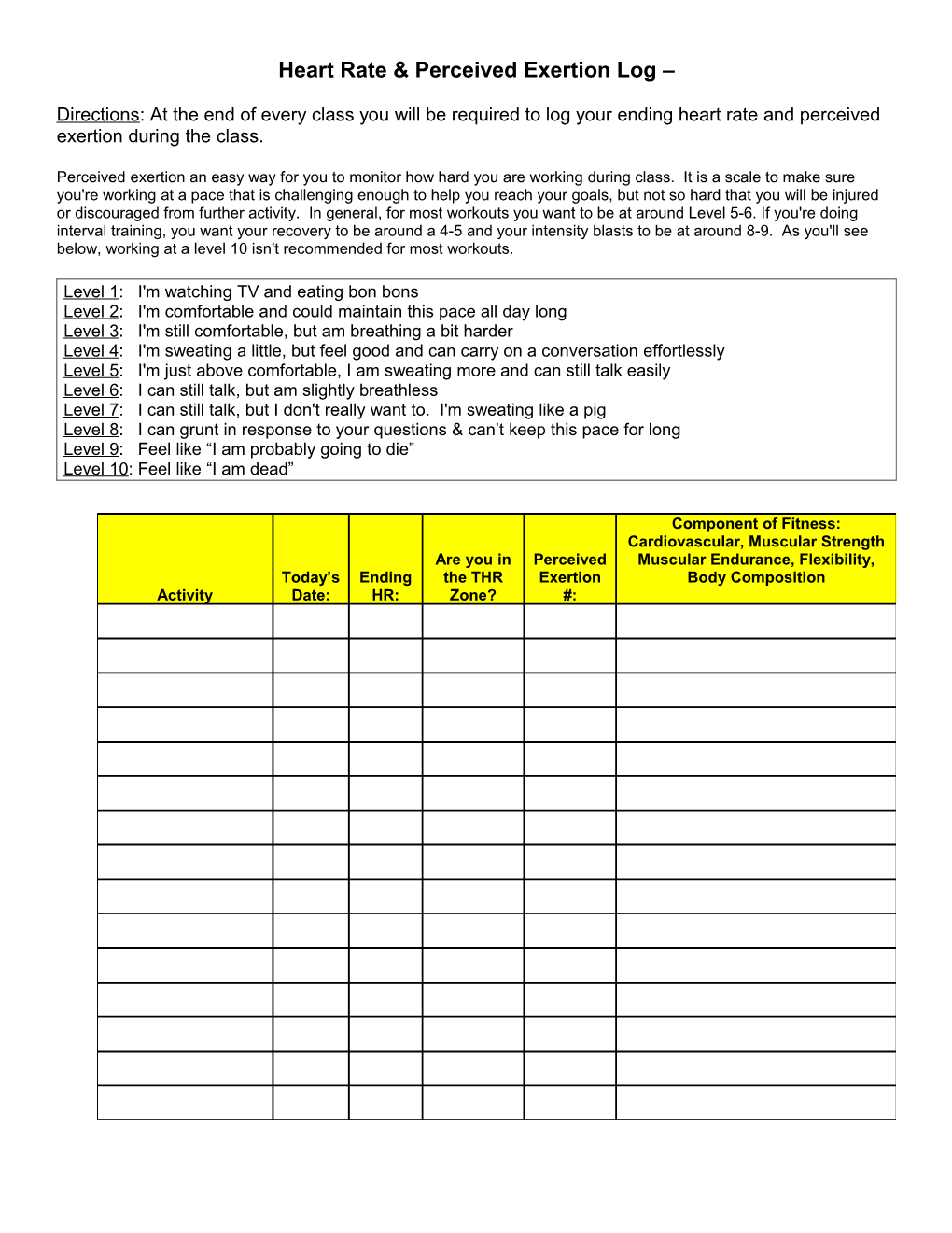 Heart Rate & Perceived Exertion Log