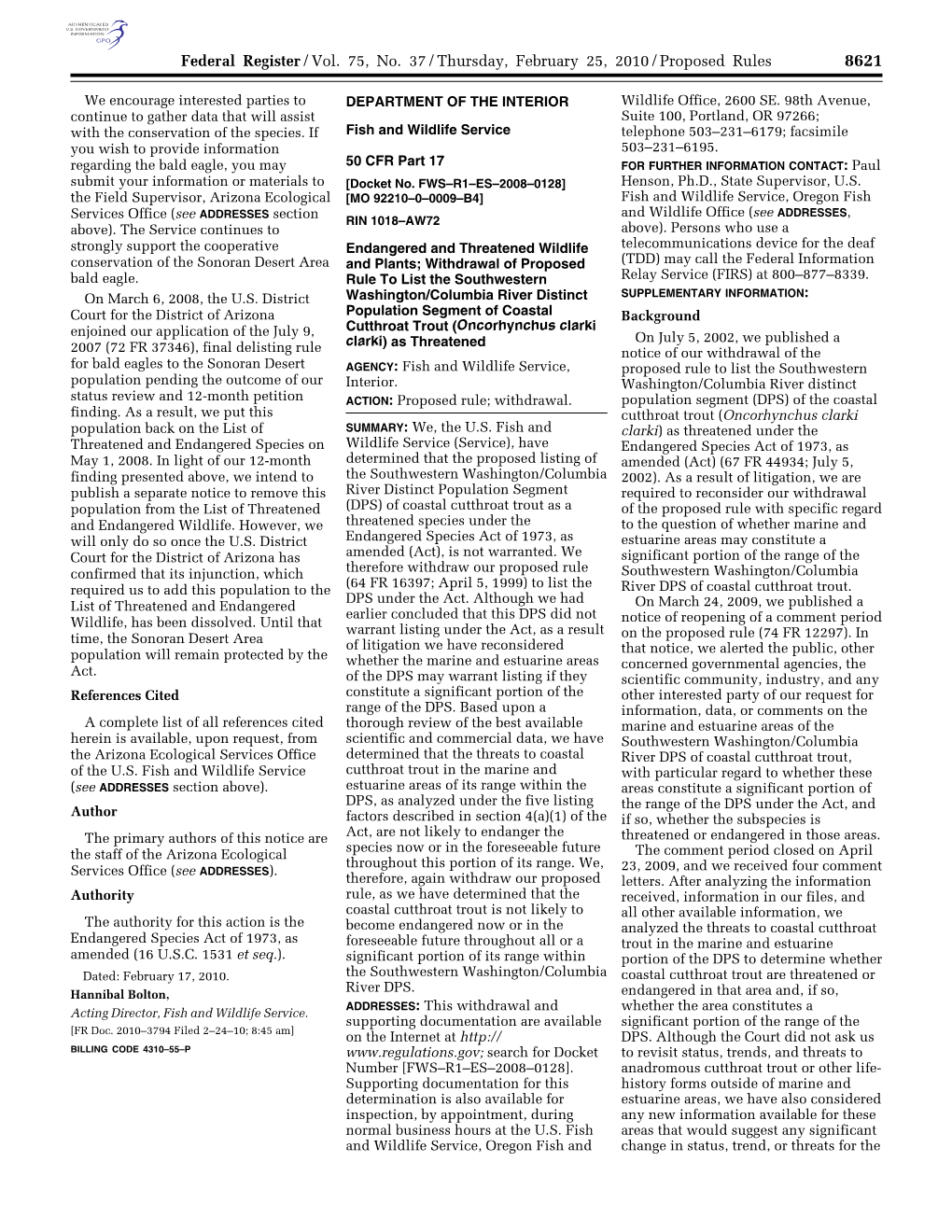 Withdrawal of Proposed Rule to List the Southwestern