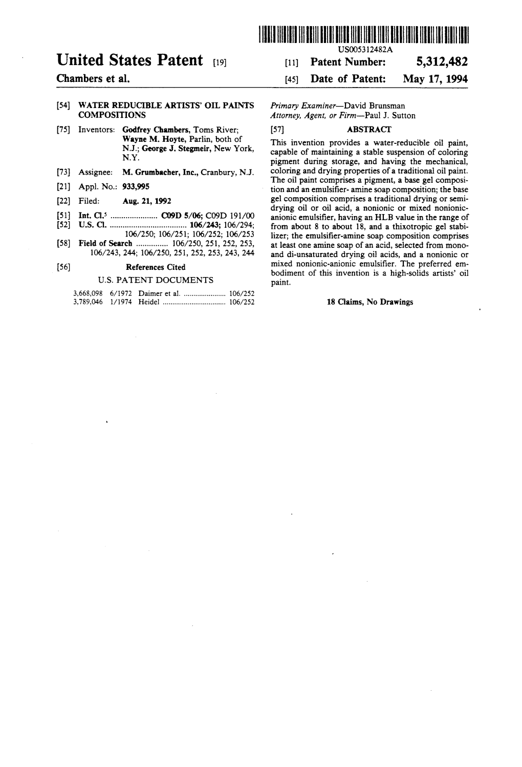 IIIHIIIHIII USOO5312432A United States Patent 19 11 Patent Number: 5,312,482 Chambers Et Al