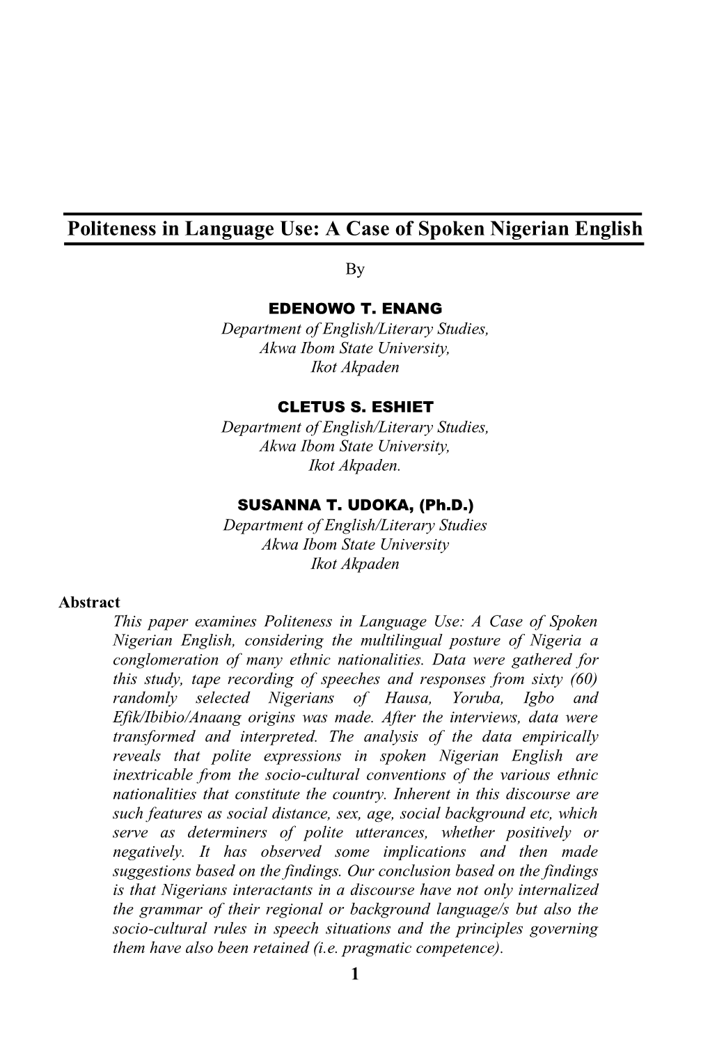 Politeness in Language Use: a Case of Spoken Nigerian English