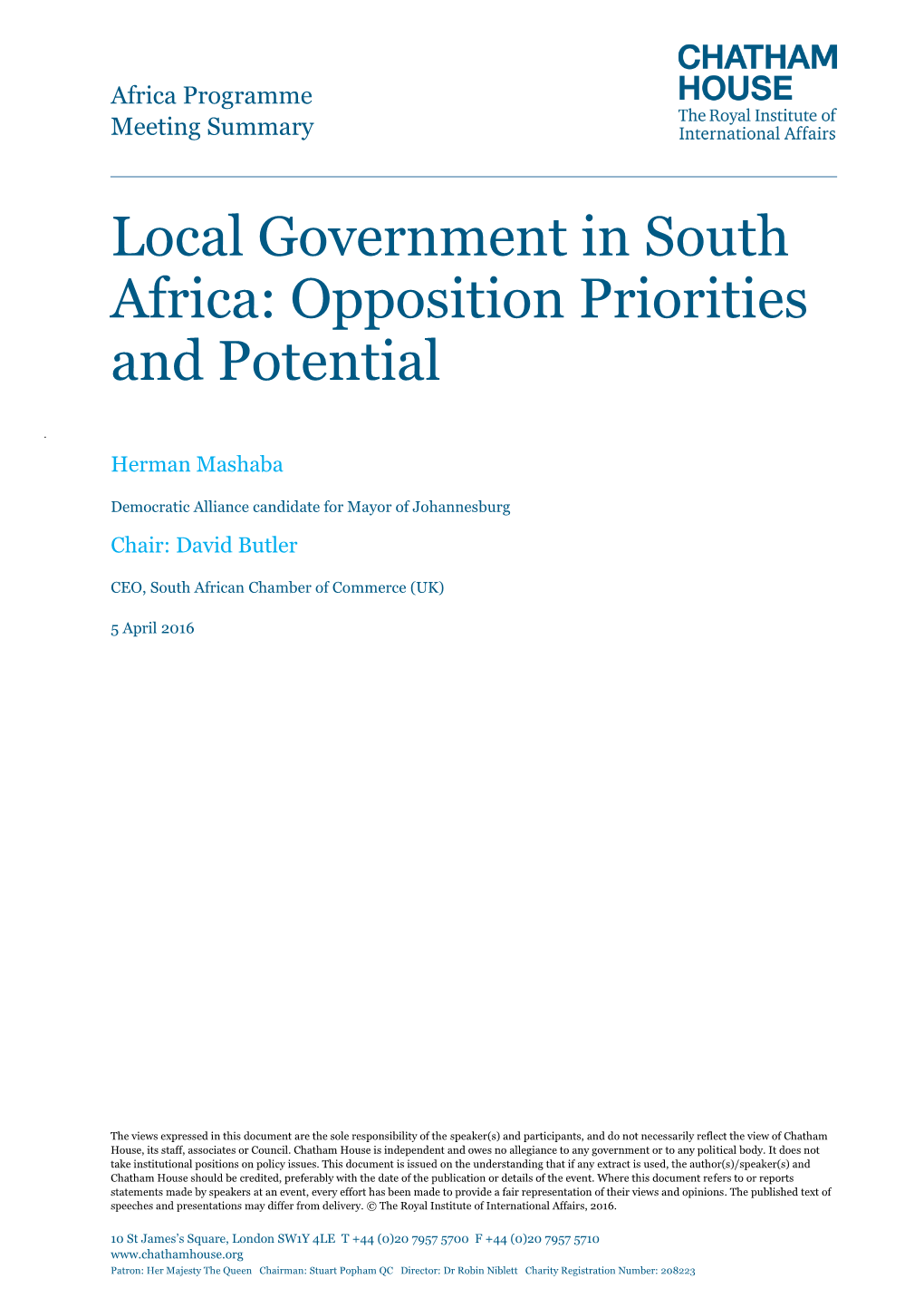 Local Government in South Africa: Opposition Priorities and Potential