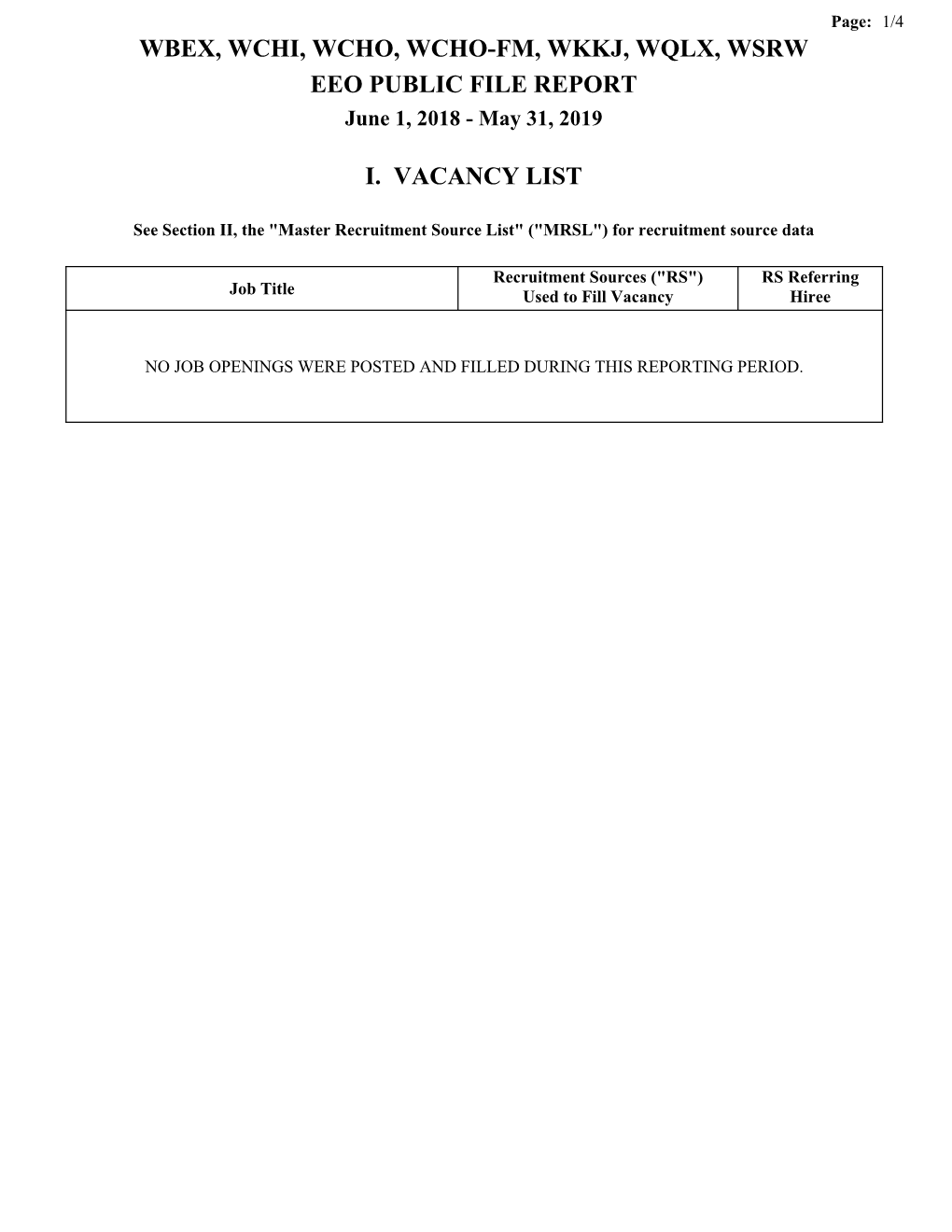 WBEX, WCHI, WCHO, WCHO-FM, WKKJ, WQLX, WSRW EEO PUBLIC FILE REPORT June 1, 2018 - May 31, 2019