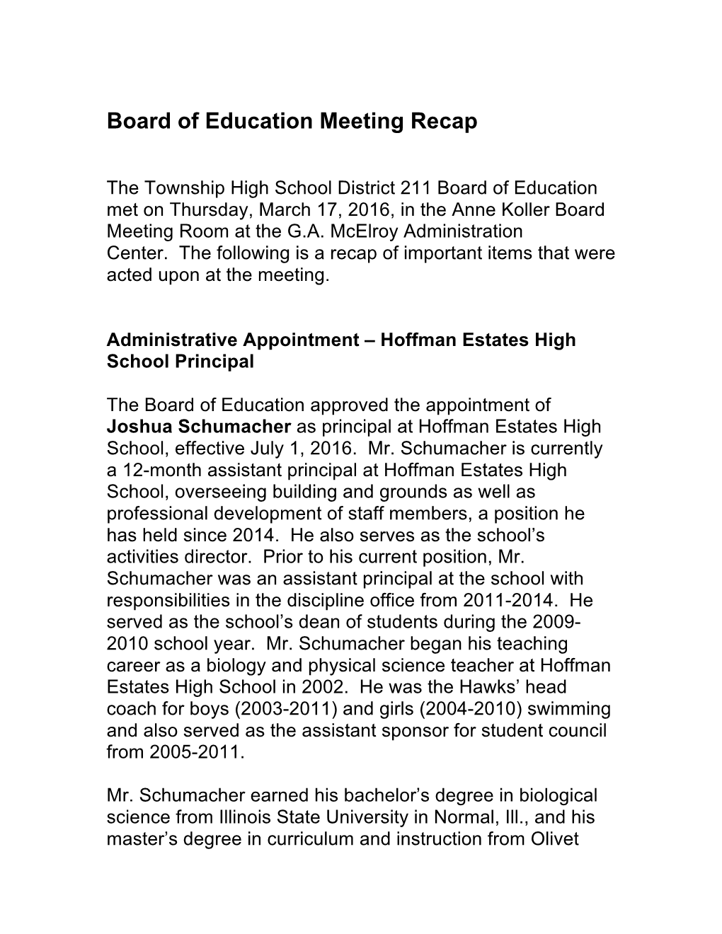 Board of Education Meeting Recap